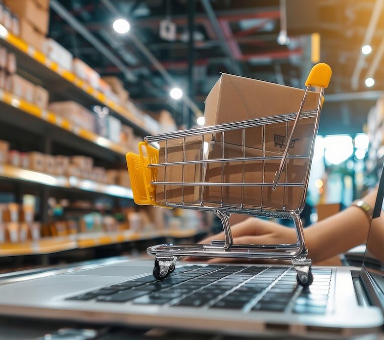 person setting up online store uploading products laptop